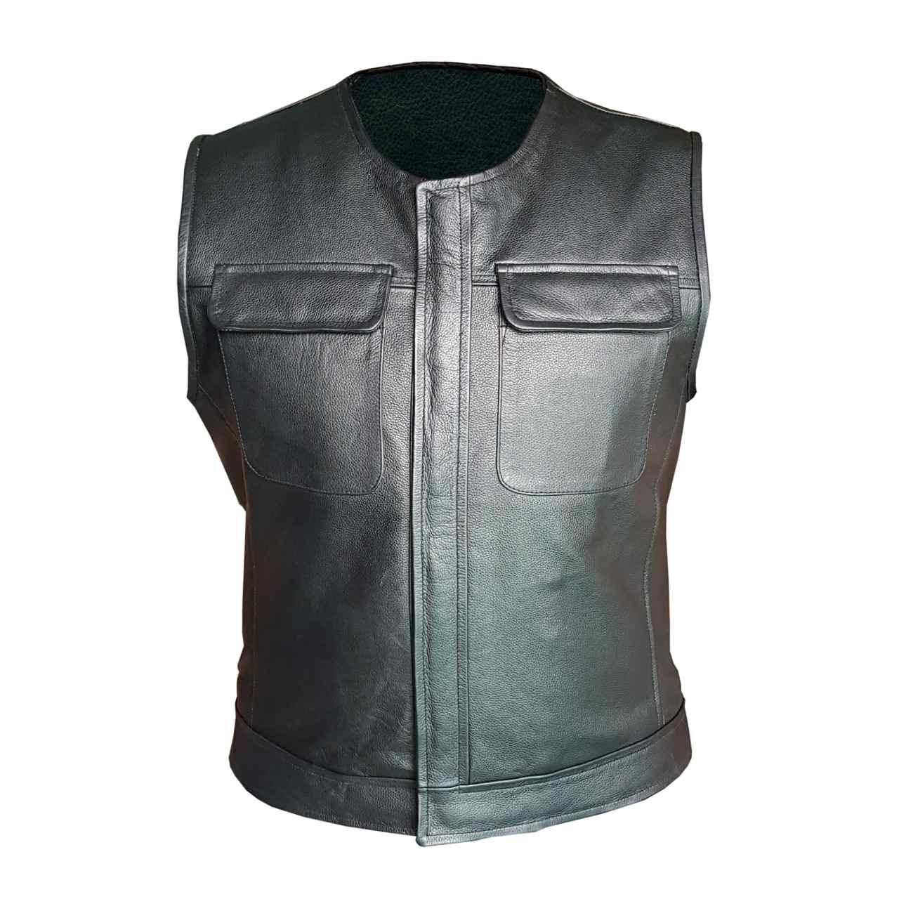 Mens Bikers Vest Genuine Black Leather Waistcoat With Flap Pockets - B3