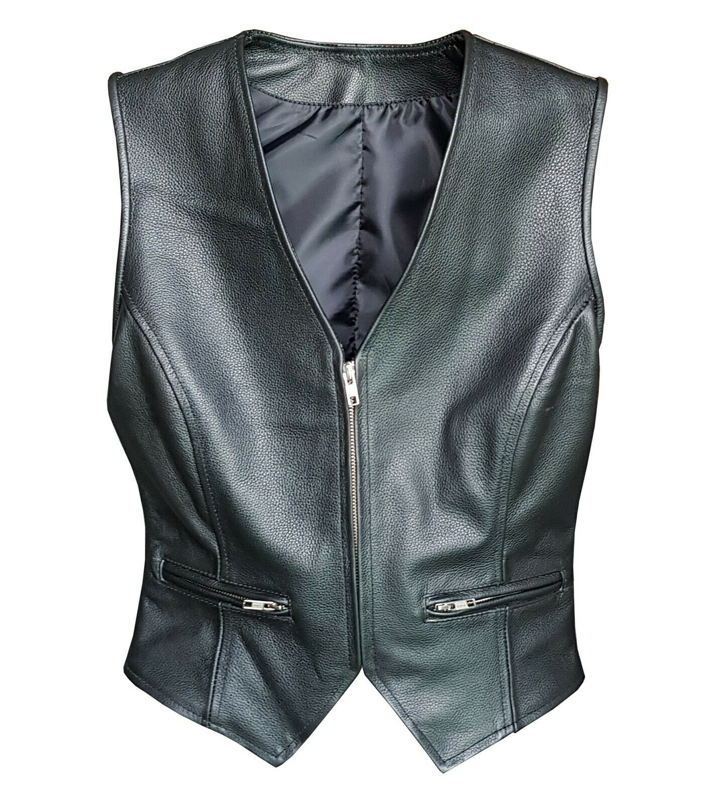 Womens Black Leather Vest Front Zipped Bikers Waistcoat  - W1