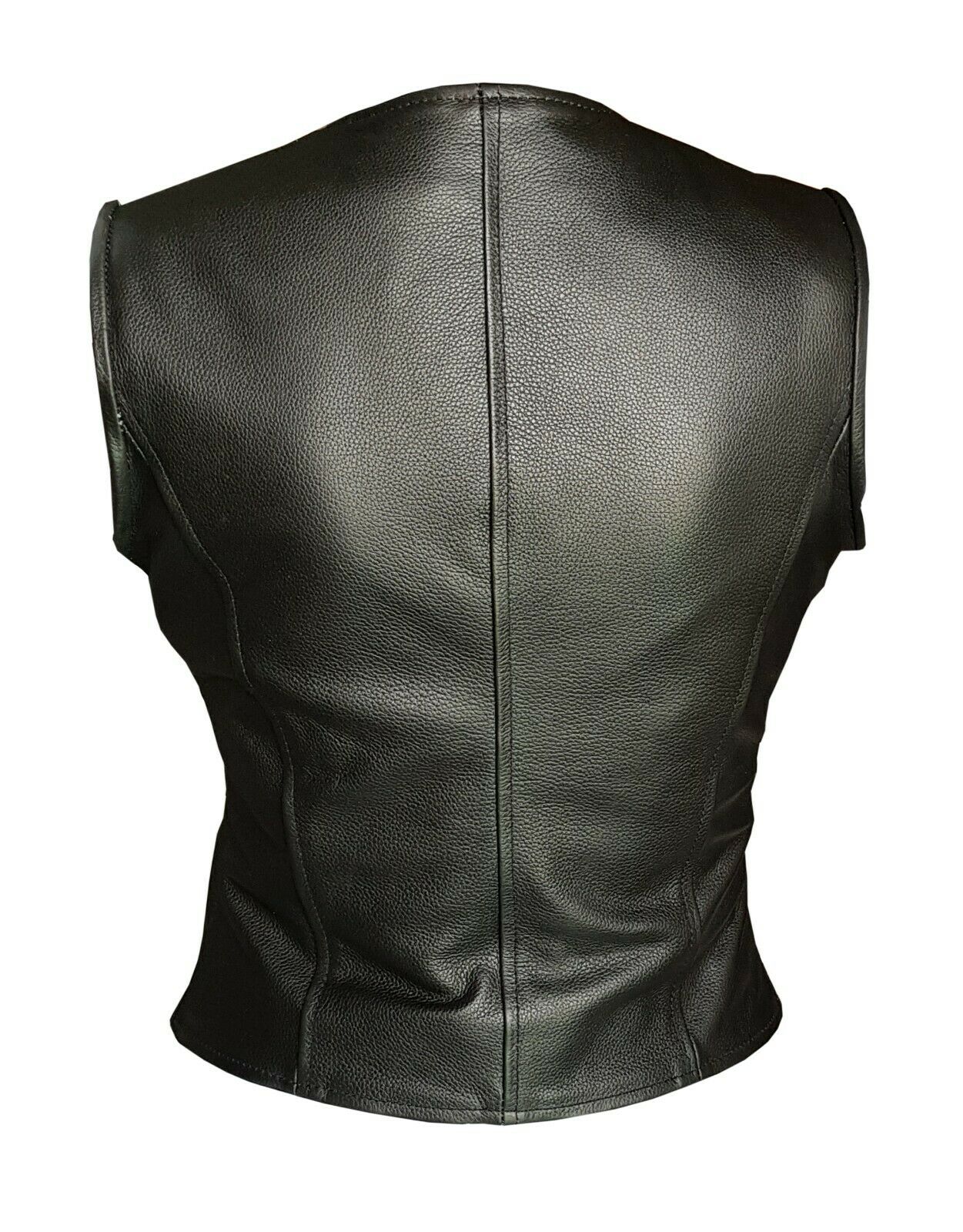 Womens Black Leather Vest Front Zipped Bikers Waistcoat  - W1