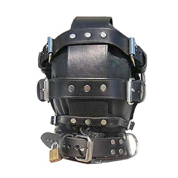 Unisex Black Leather Bondage Hood with Blindfold Locking Mouth Zip - BH1