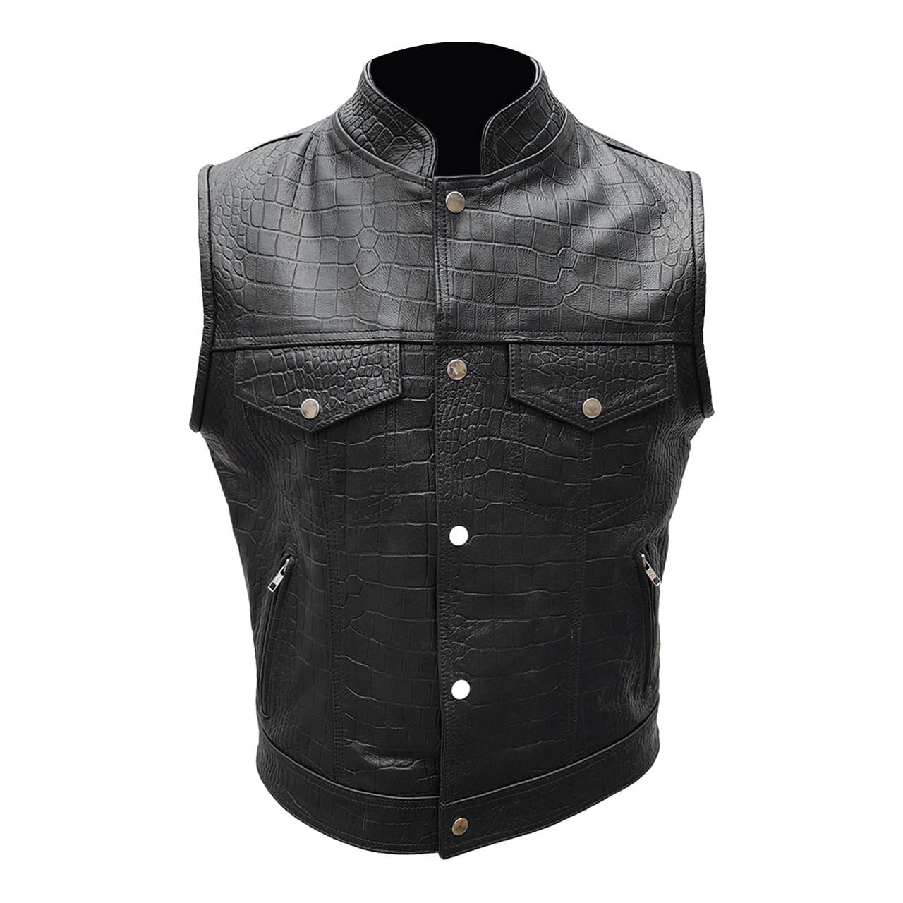 Mens Motorcycle Bikers Vest Black Crocodile Print Leather Waistcoat Jacket - B4-CROC-BLK