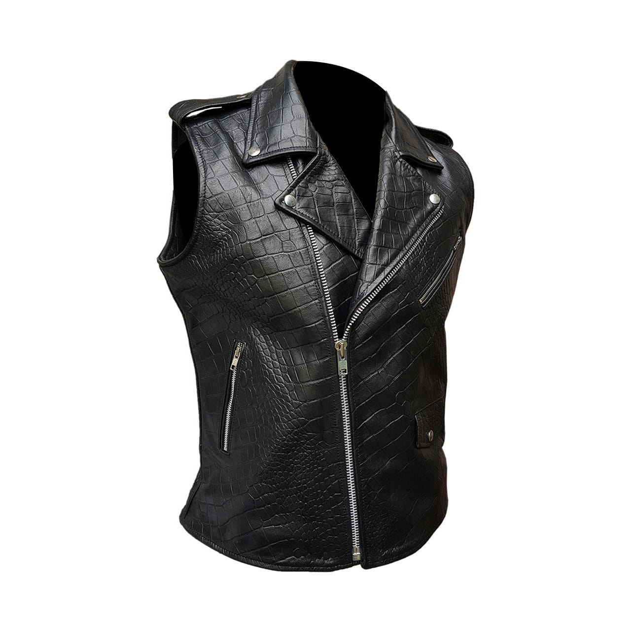 Mens Bikers Vest Black Crocodile Print Leather Black Sleeveless Waistcoat - BRANDO-HS-CROC