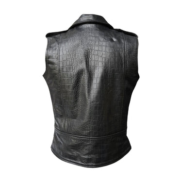 Mens Bikers Vest Black Crocodile Print Leather Black Sleeveless Waistcoat - BRANDO-HS-CROC