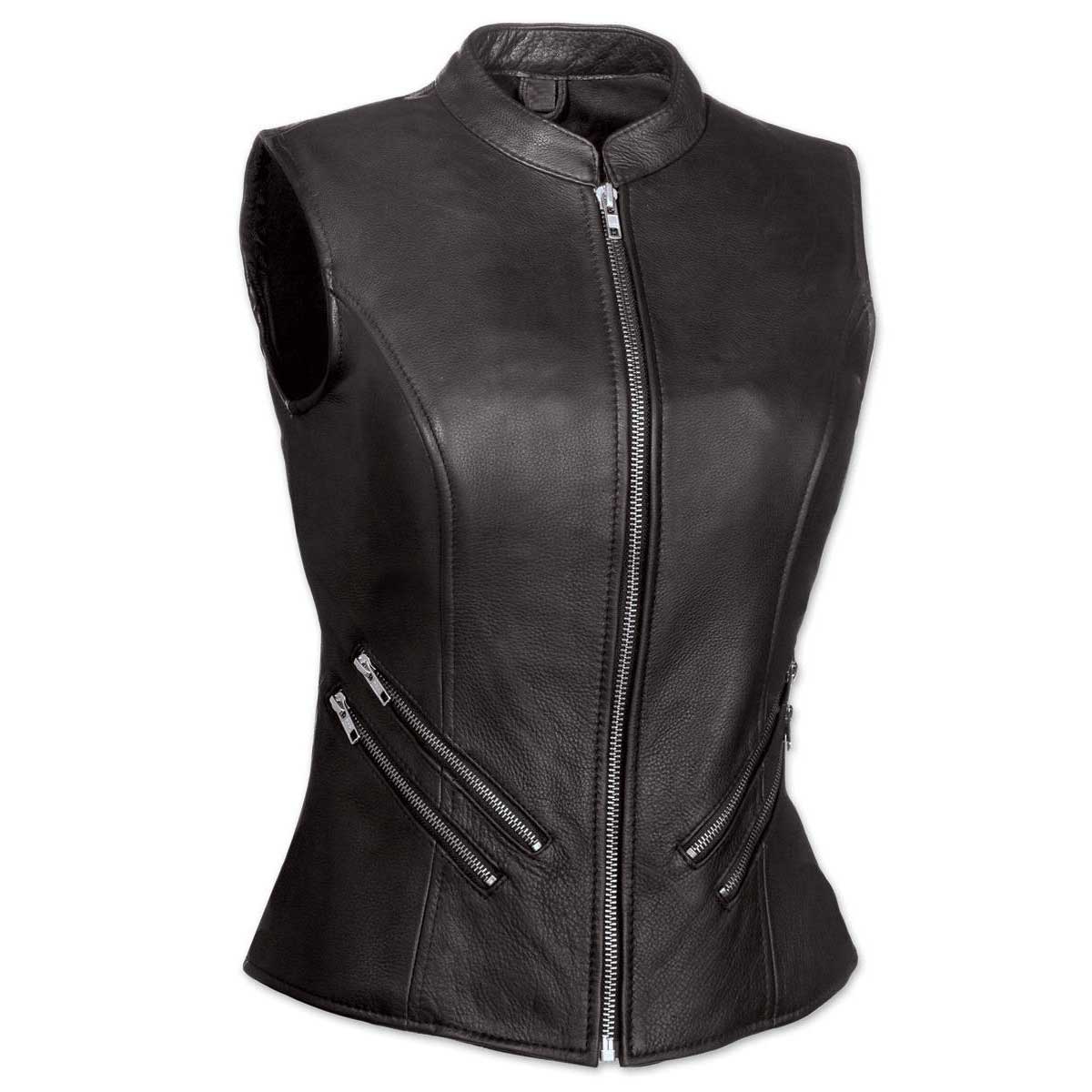 Women Black Leather Bikers Waistcoat Vest - W9-BLK