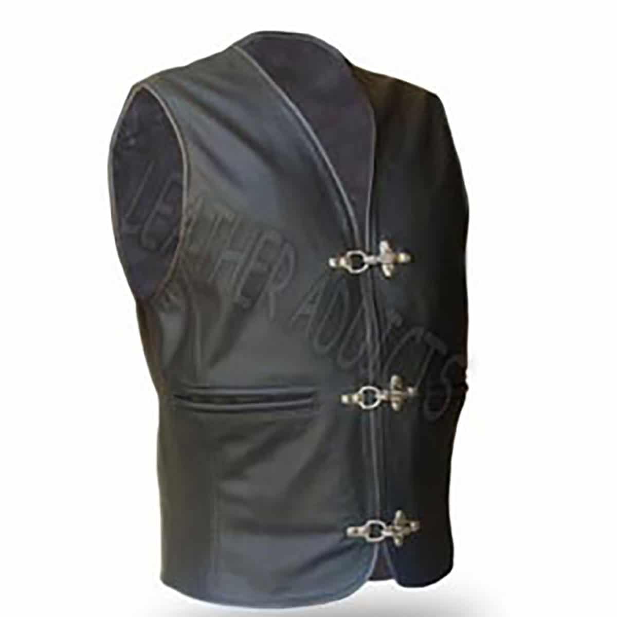 Men Biker Vest Black Leather Waistcoat Jacket with Chrome Hooks - CH-BLK