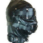 Unisex Bondage Hood Mask with Mouth Gag And Blindfold Black Leather