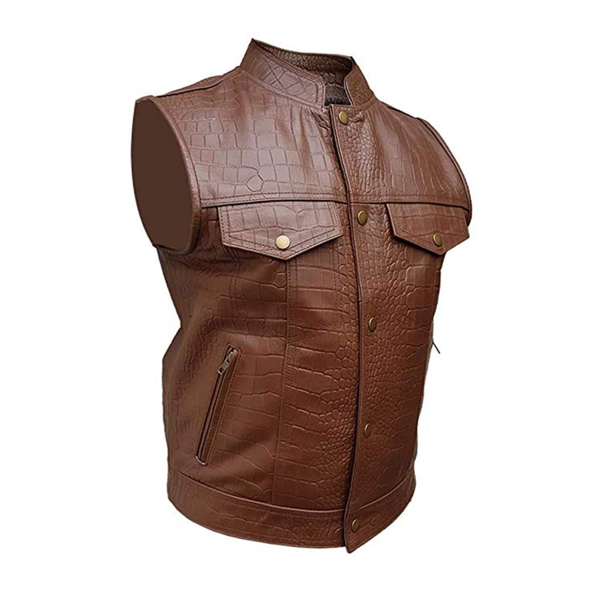 Men Brown Crocodile Print Leather Waistcoat Motorcycle Bikers Vest - B4-CROC-BRW