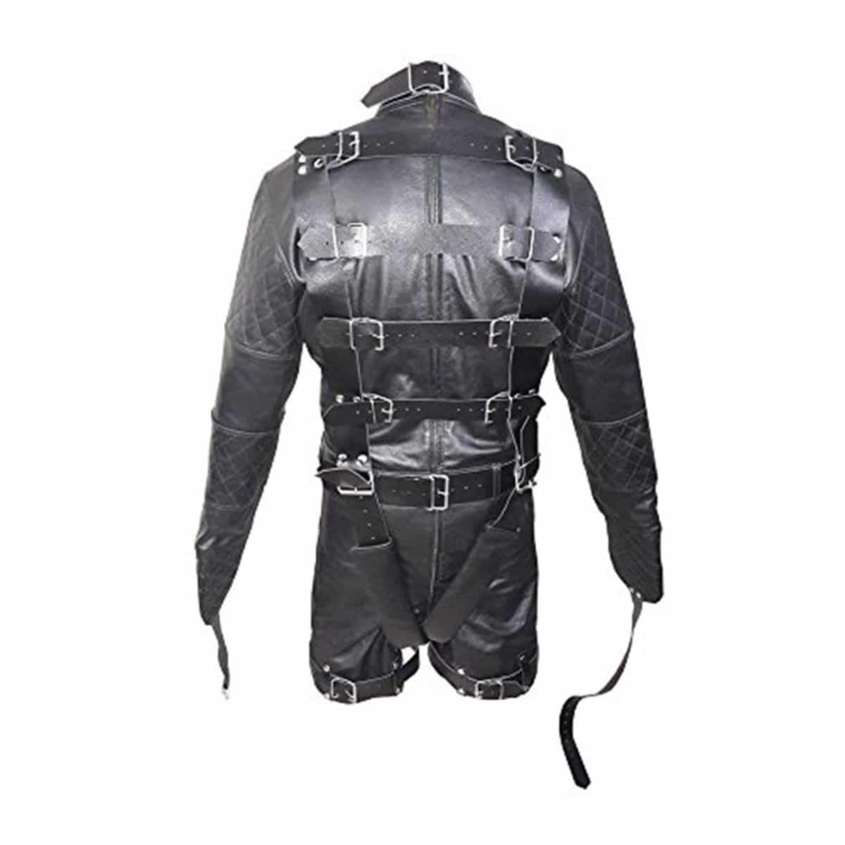 Mens Black Leather Straight Jacket Chastity Bondage Shorts Combo Rear Zip - SJ-COMBO