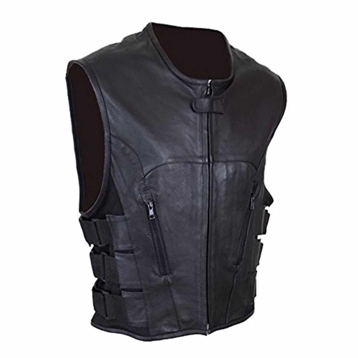 Mens Bikers Waistcoat SWAT Style Black Leather Vest  -  SWAT1