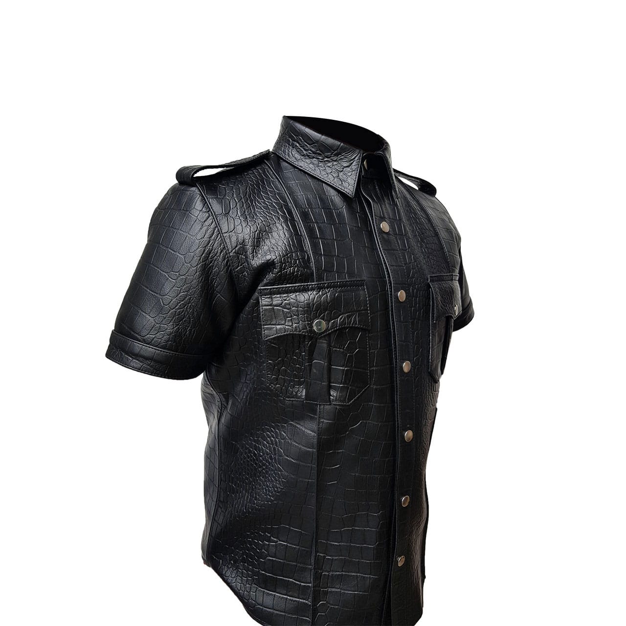 Mens Police Uniform Style Crocodile Print Leather Shirt - PSHS-BLK