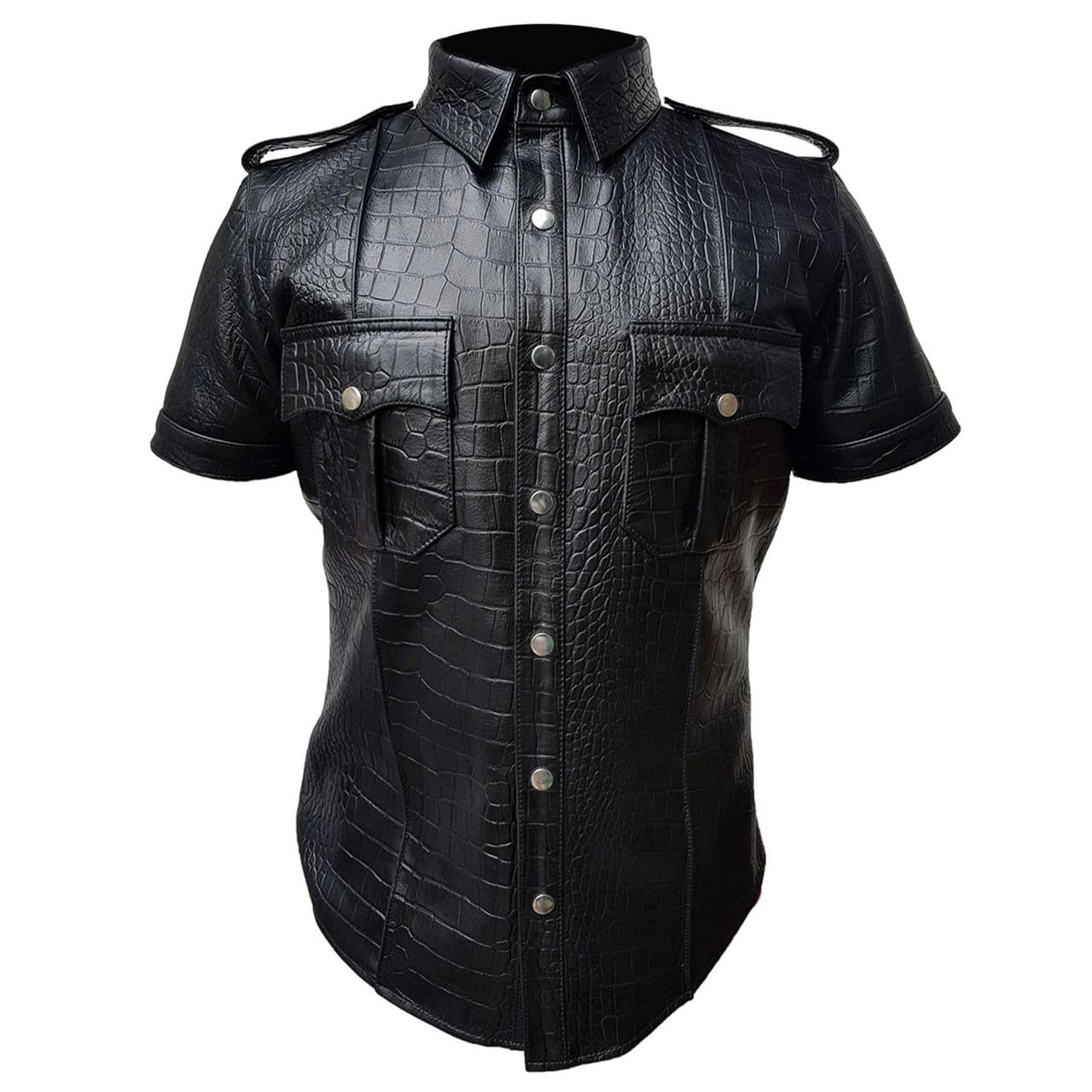 Mens Police Uniform Style Crocodile Print Leather Shirt - PSHS-BLK