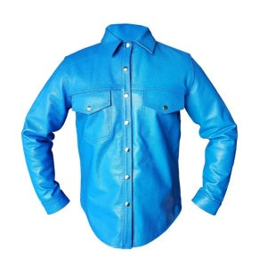 Mens Police Uniform Style Blue Shirt Genuine Cow Leather - PSF-BLU