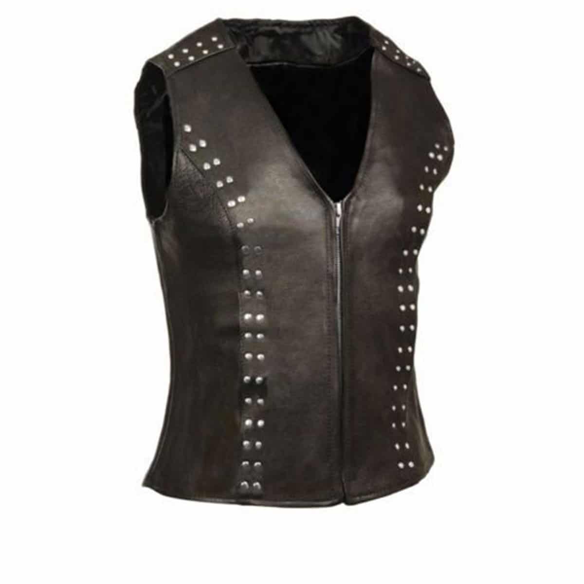Women Black Leather Studded Vest Bikers Style Waistcoat - W5-BLK