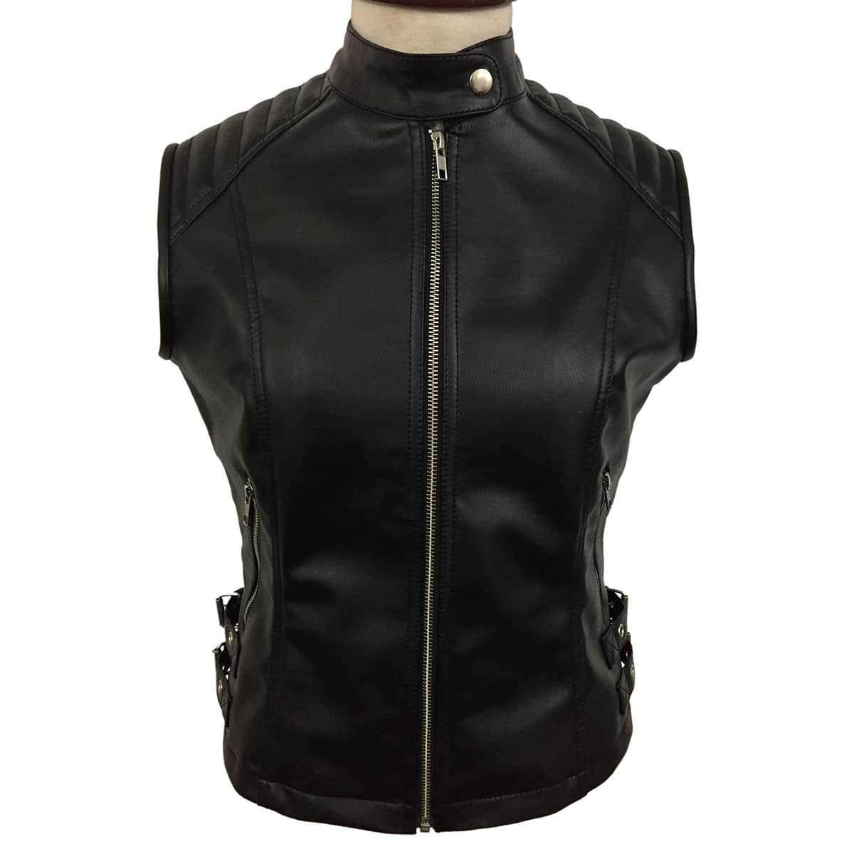 Womens Black Sheep Lamb Leather Bikers Waistcoat Vest - W12