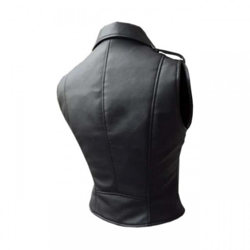 Womens Bikers Waistcoat Genuine Black Leather Brando Style Vest - (BRANDO)
