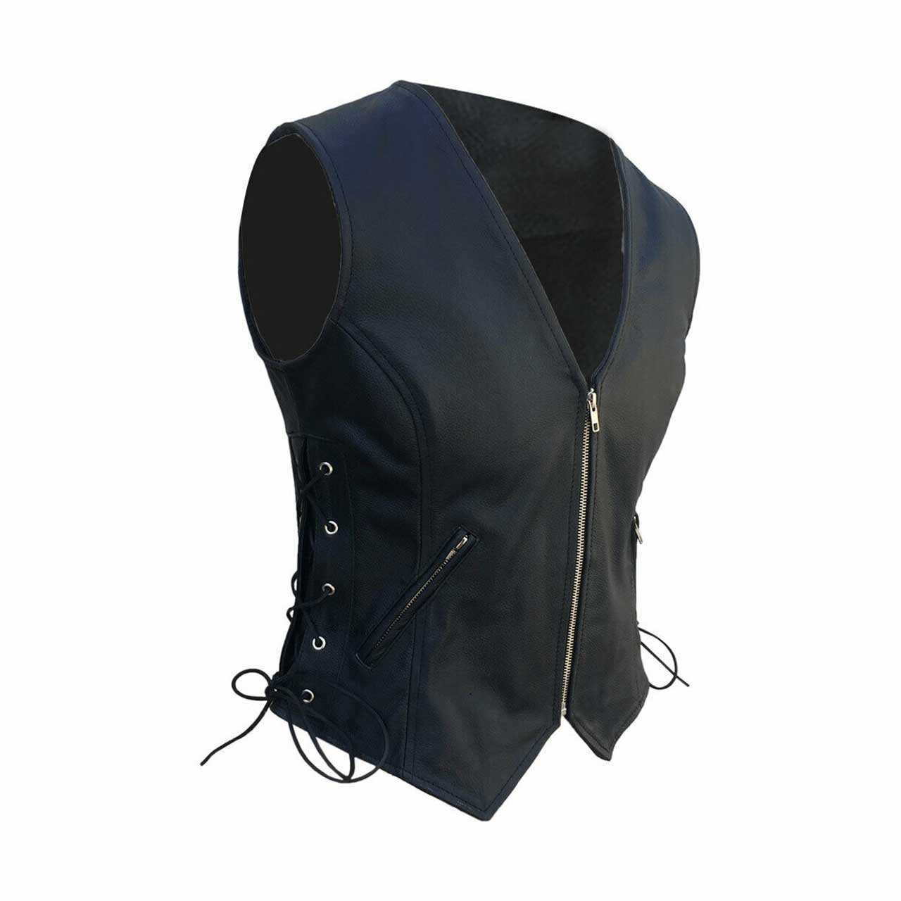 Women Black Leather Vest With Side Lacing Bikers Style Waistcoat - W3 - BLK