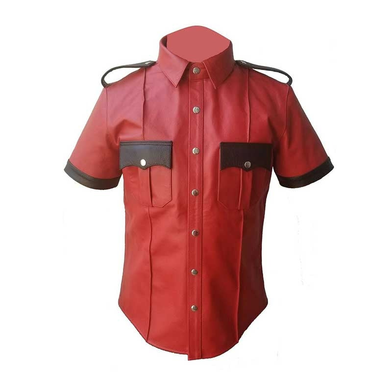 Mens Police Uniform Shirt Style Cow or Sheep Red Leather - (PSHS-RED-BLK)