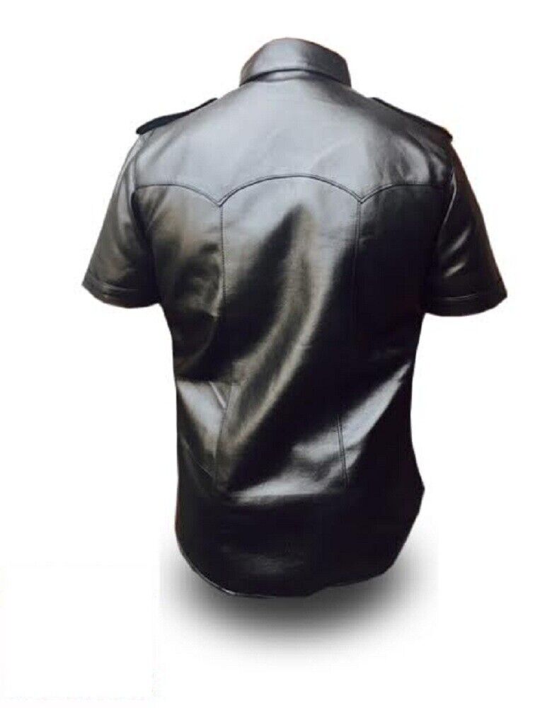 Mens Black Cow Leather Police Uniform Style Shirt - (PSHS-BLK)