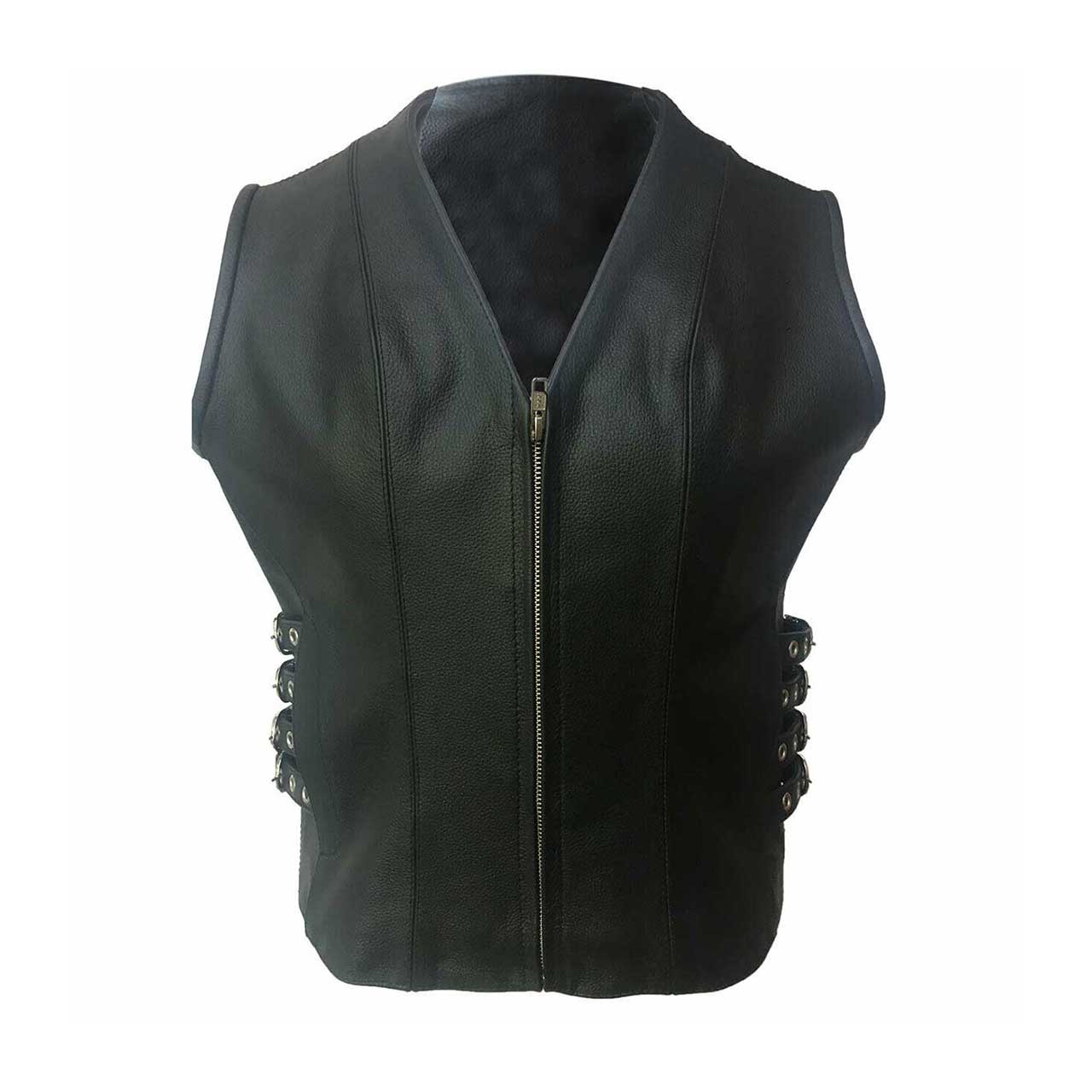 Womens Bikers Style Waistcoat Black Leather Vest - W7-BLK