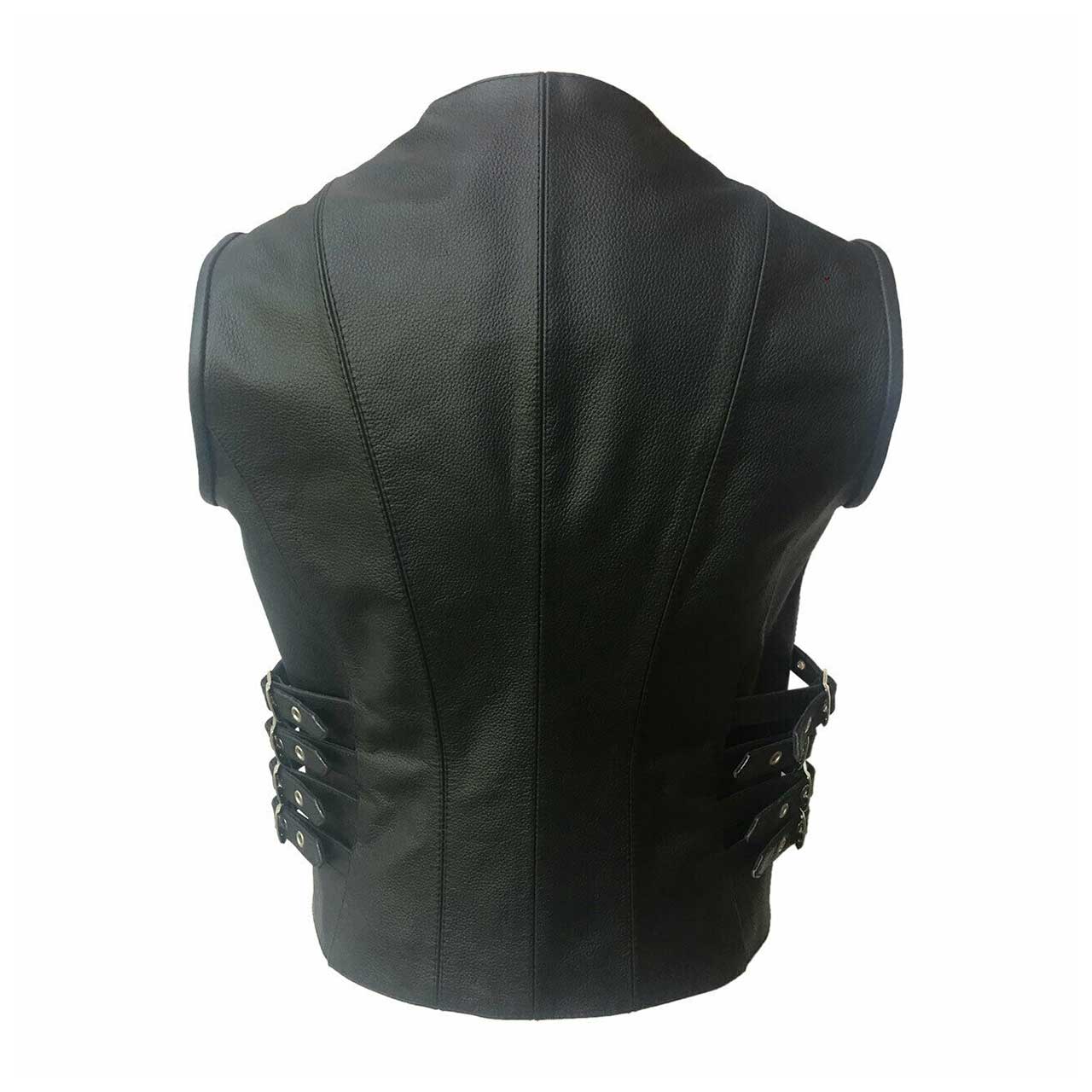Womens Bikers Style Waistcoat Black Leather Vest - W7-BLK