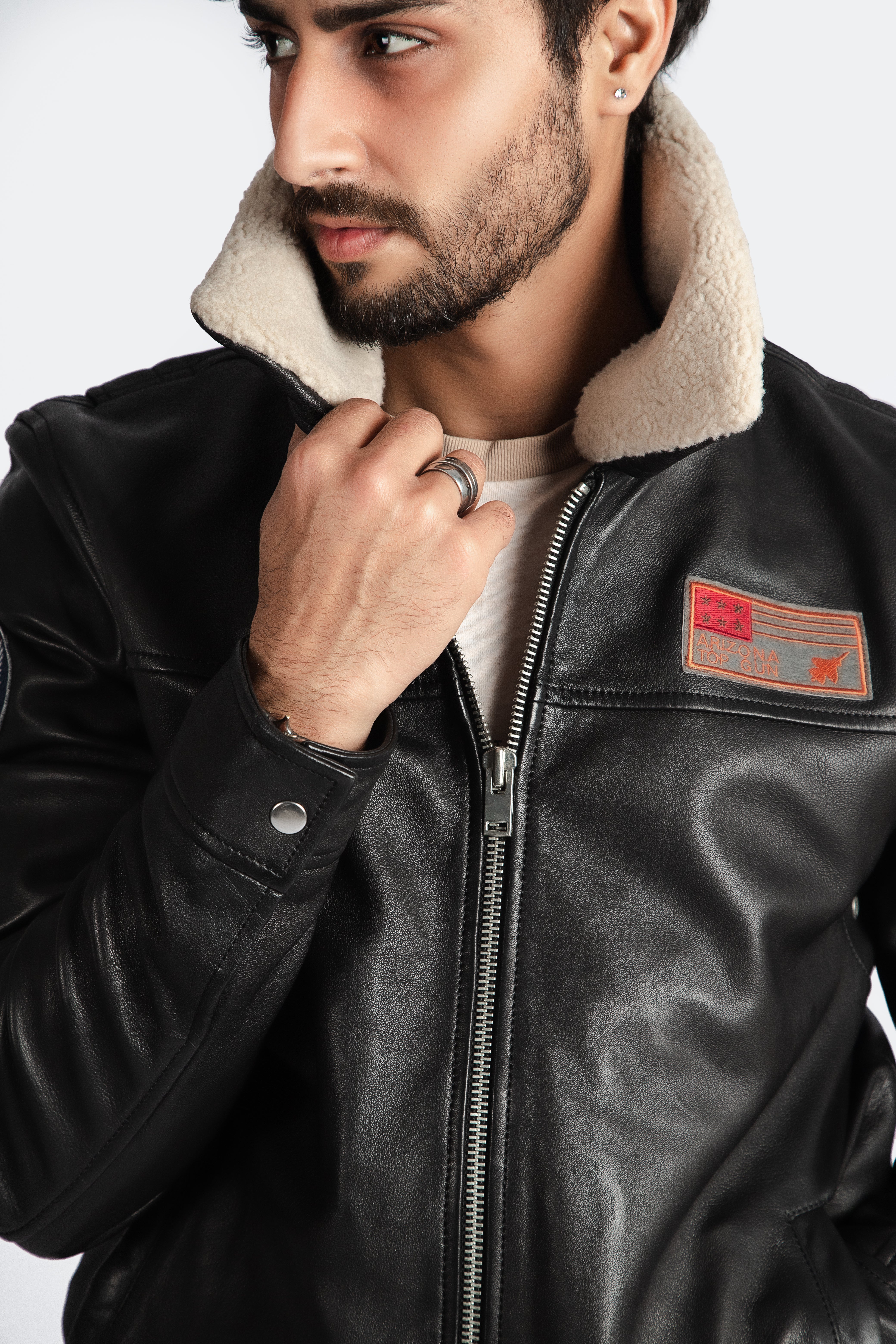 Mens Aviator Bomber Leather Jacket With Fur Collar High End Designer Quality - ELM1