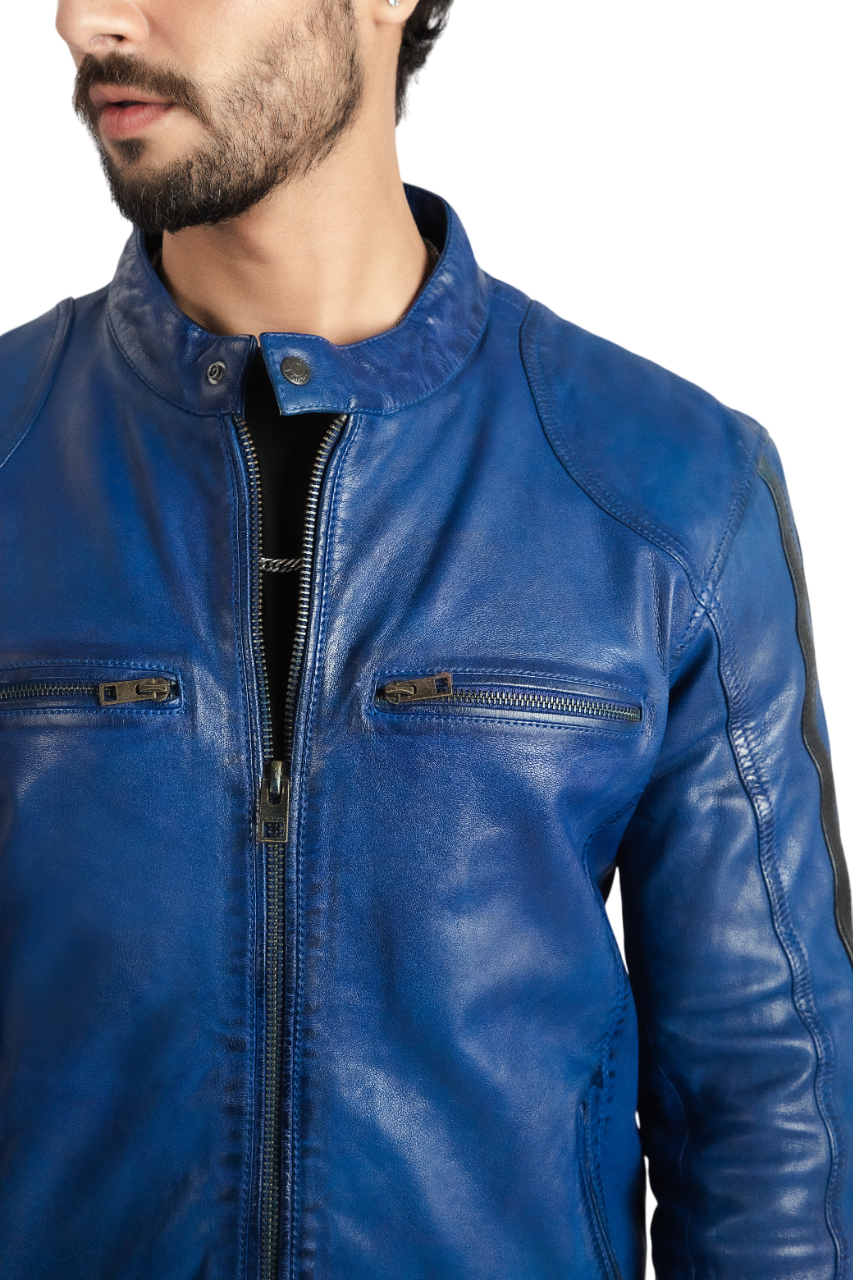 Mens Biker Style Sheep Leather Jacket Electric Blue Racer Jacket - ELM2