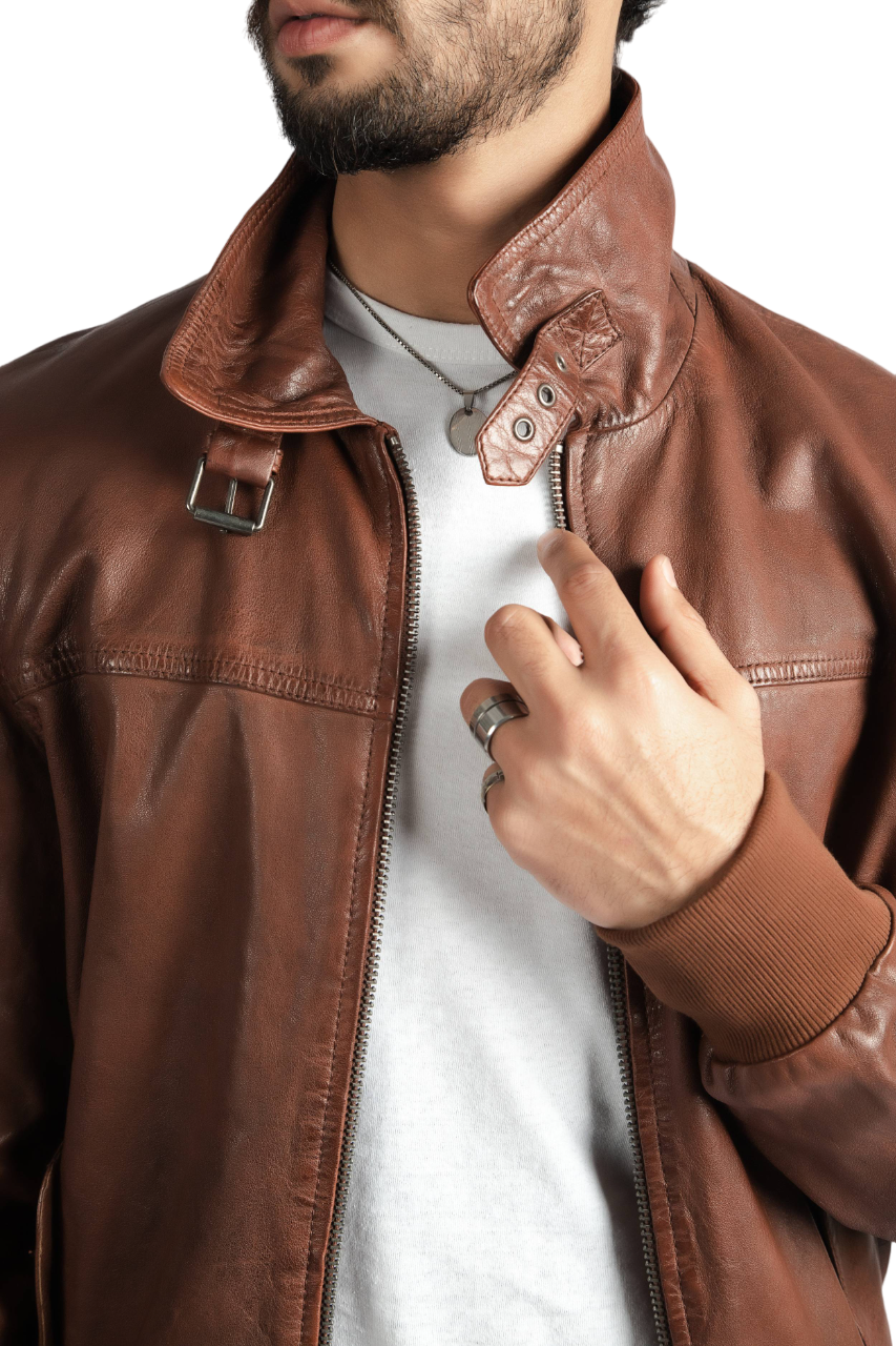 Mens Biker Style Cognac Leather Jacket Cafe Racer Fashion Jacket – ELM5