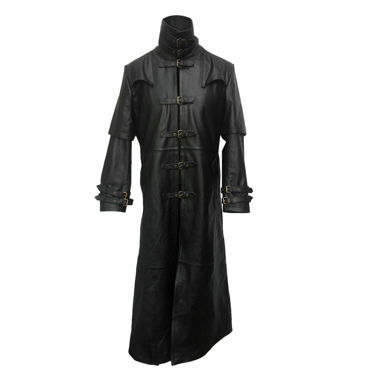 Mens Black Cow Leather Goth Matrix Steampunk Gothic Van Helsing Coat - T5