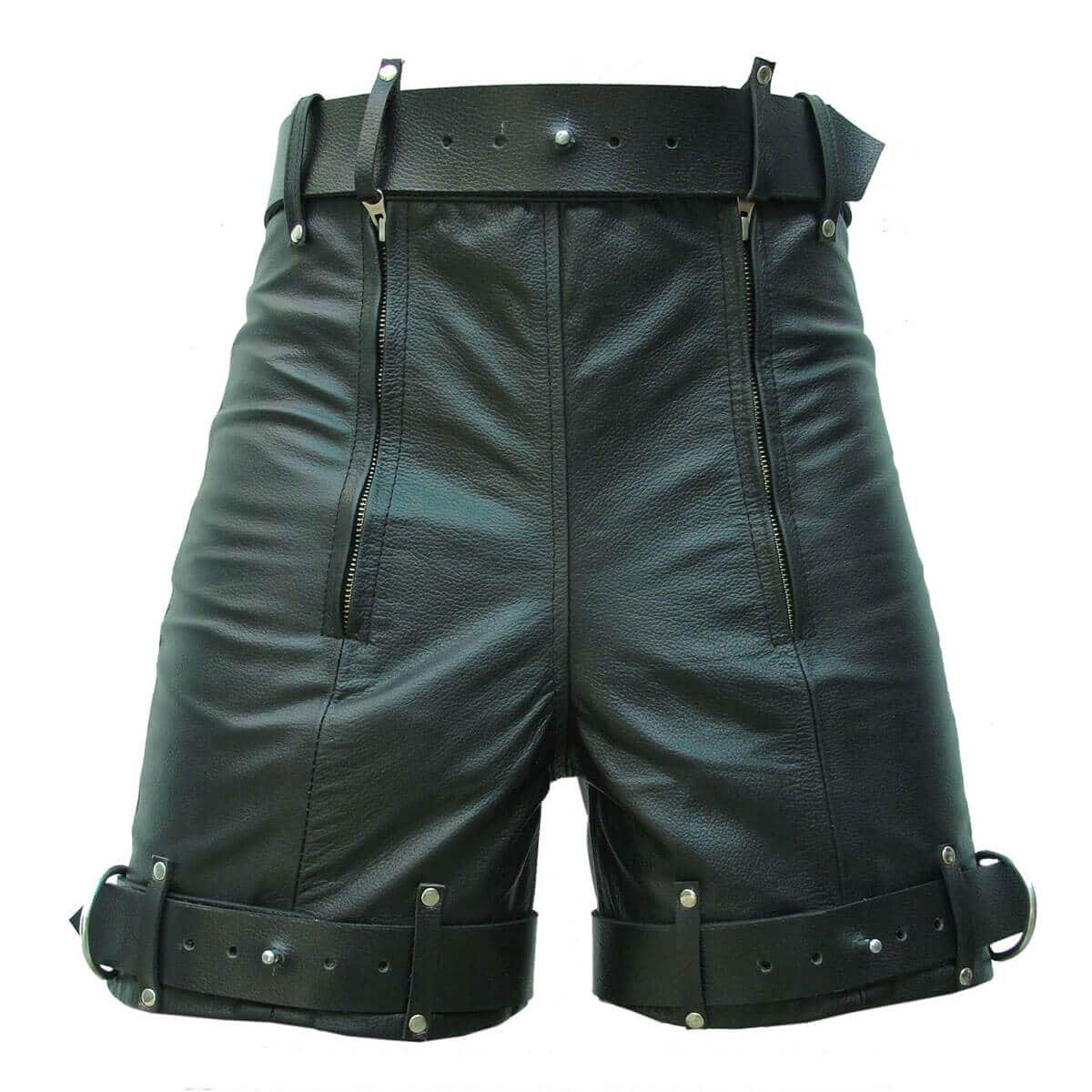 Mens Chastity Bondage Shorts Black Leather Locking REAR ZIP - CS1- BLK
