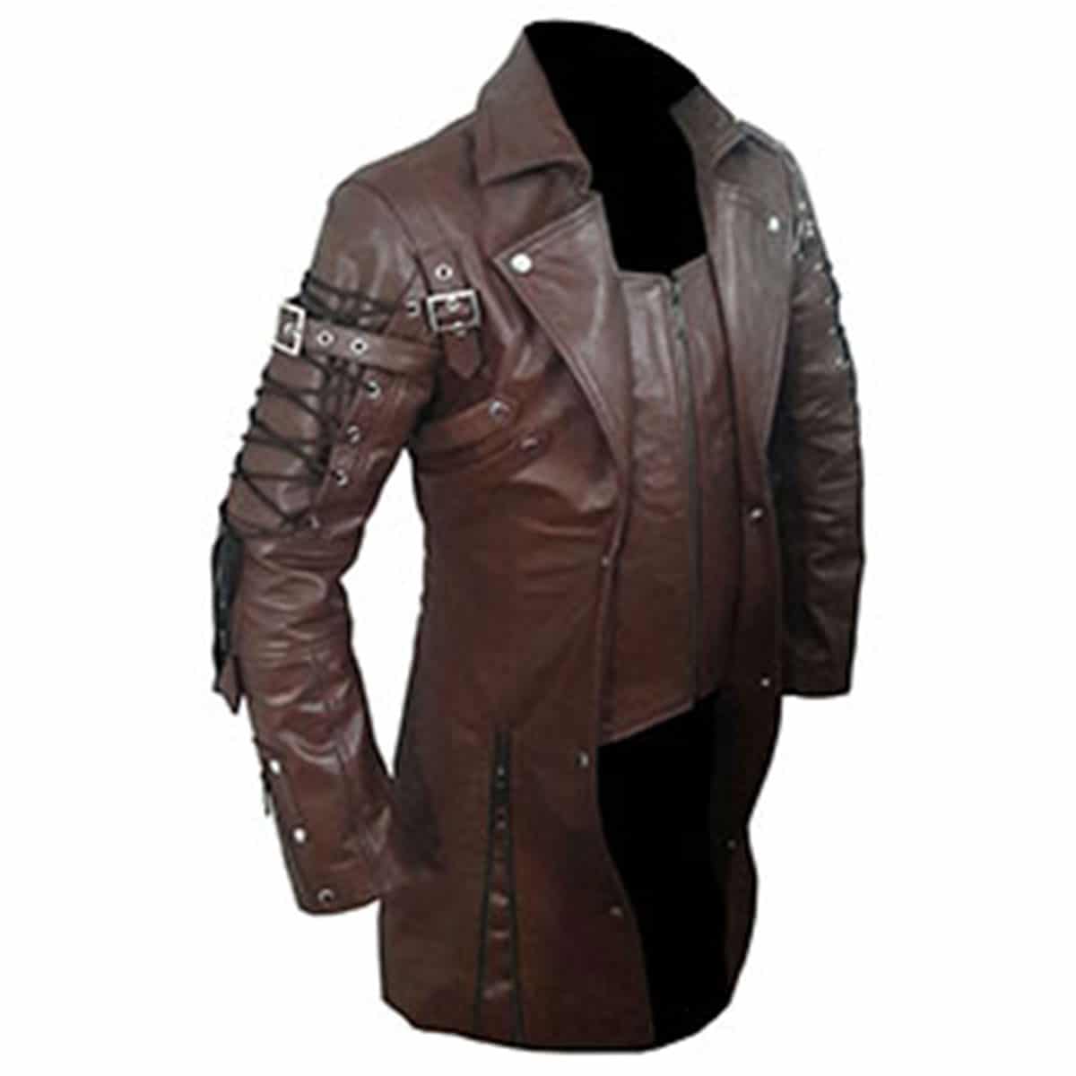 Mens Brown Leather Goth Matrix Trench Coat Steampunk Gothic - T18-BRW