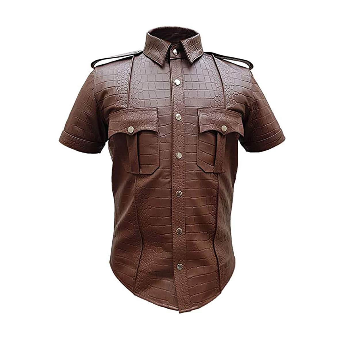 Men Brown Crocodile Print Leather Police Uniform Style Shirt - PSHS-CROC-BRW