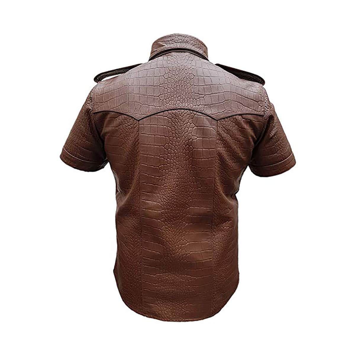 Men Brown Crocodile Print Leather Police Uniform Style Shirt - PSHS-CROC-BRW