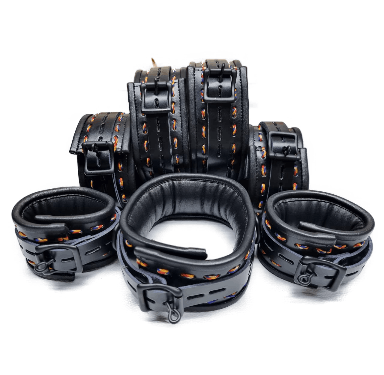 New Unique Design- Black Leather with Multi-Color Thread Complete Set of 7 Restraints - (REST7-BLK-RAIN).