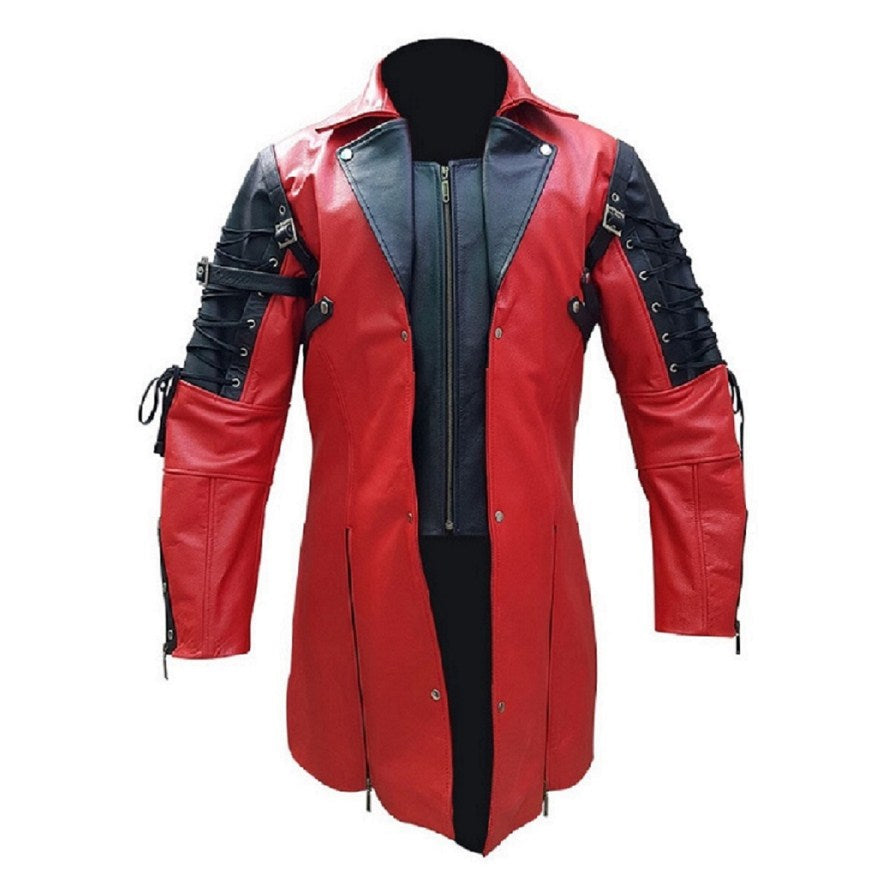 Mens Red Black Leather Goth Matrix Trench Coat Steampunk Gothic - T18-(Red &amp; Black)