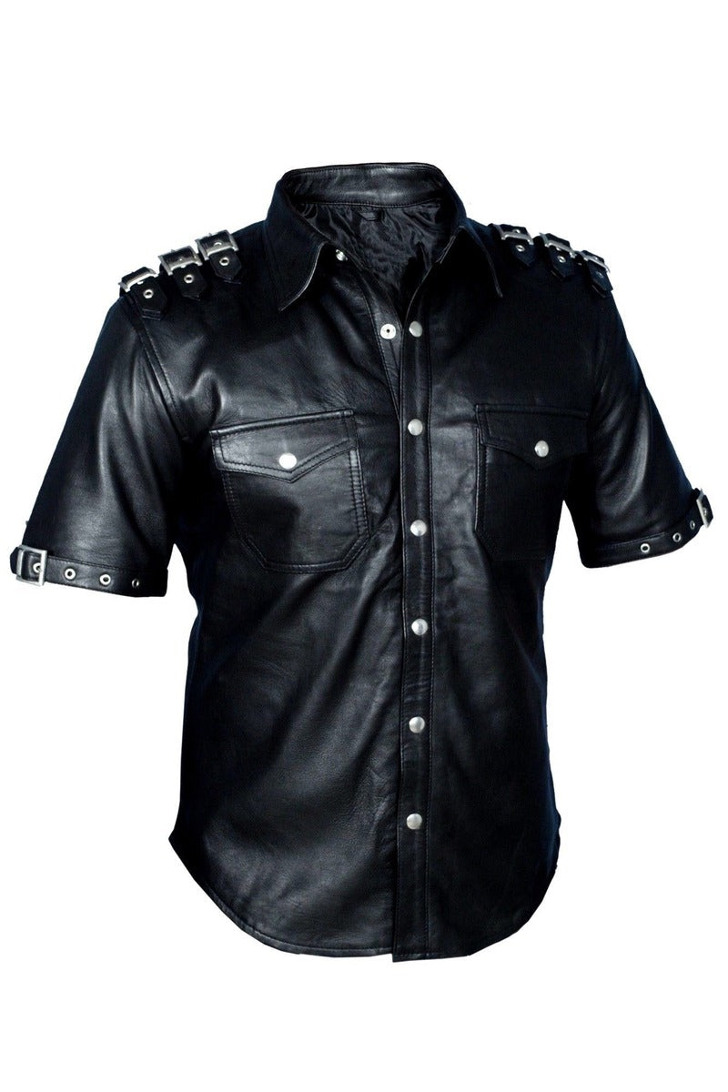 Mens Police Uniform Style Shirt Genuine Lambskin Soft Leather Shirt Hot BLUF GAY - PSHS-G-BLK