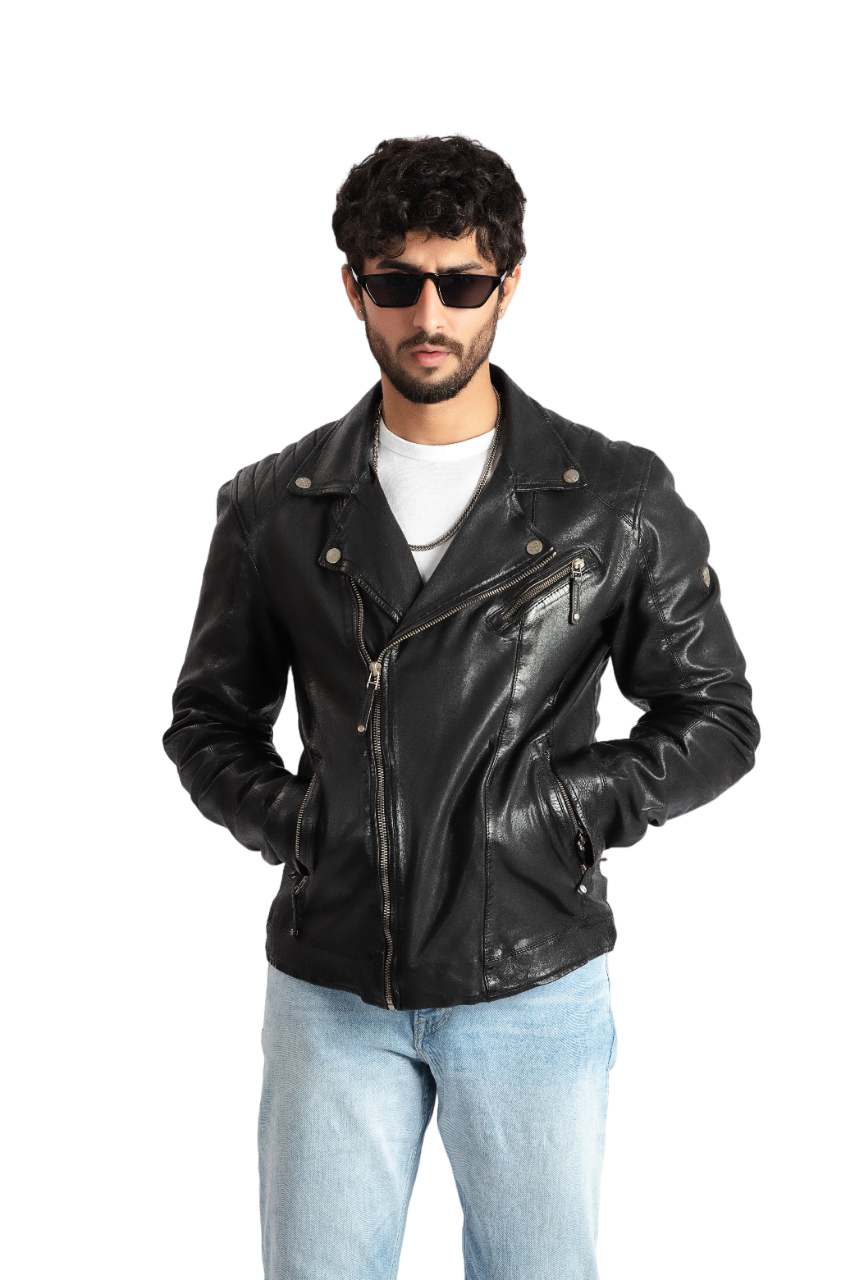 Mens Classic Brando Biker Style Black Leather Jacket - ELM4