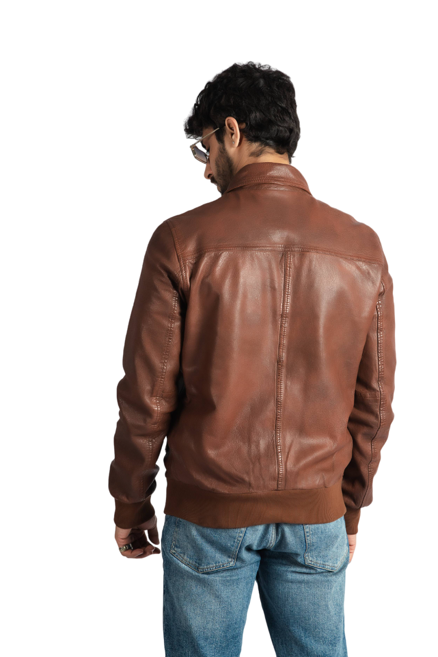 Mens Biker Style Cognac Leather Jacket Cafe Racer Fashion Jacket – ELM5