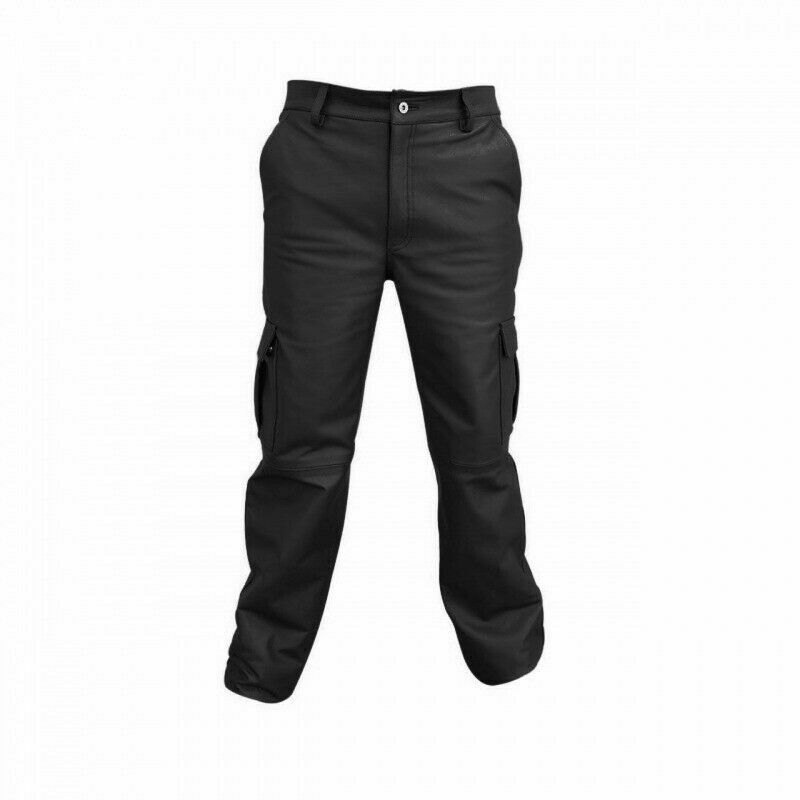 MENS BLACK LEATHER 6 POCKETS CARGO PANTS JEANS FULLY LINED - CARGO2-BLK