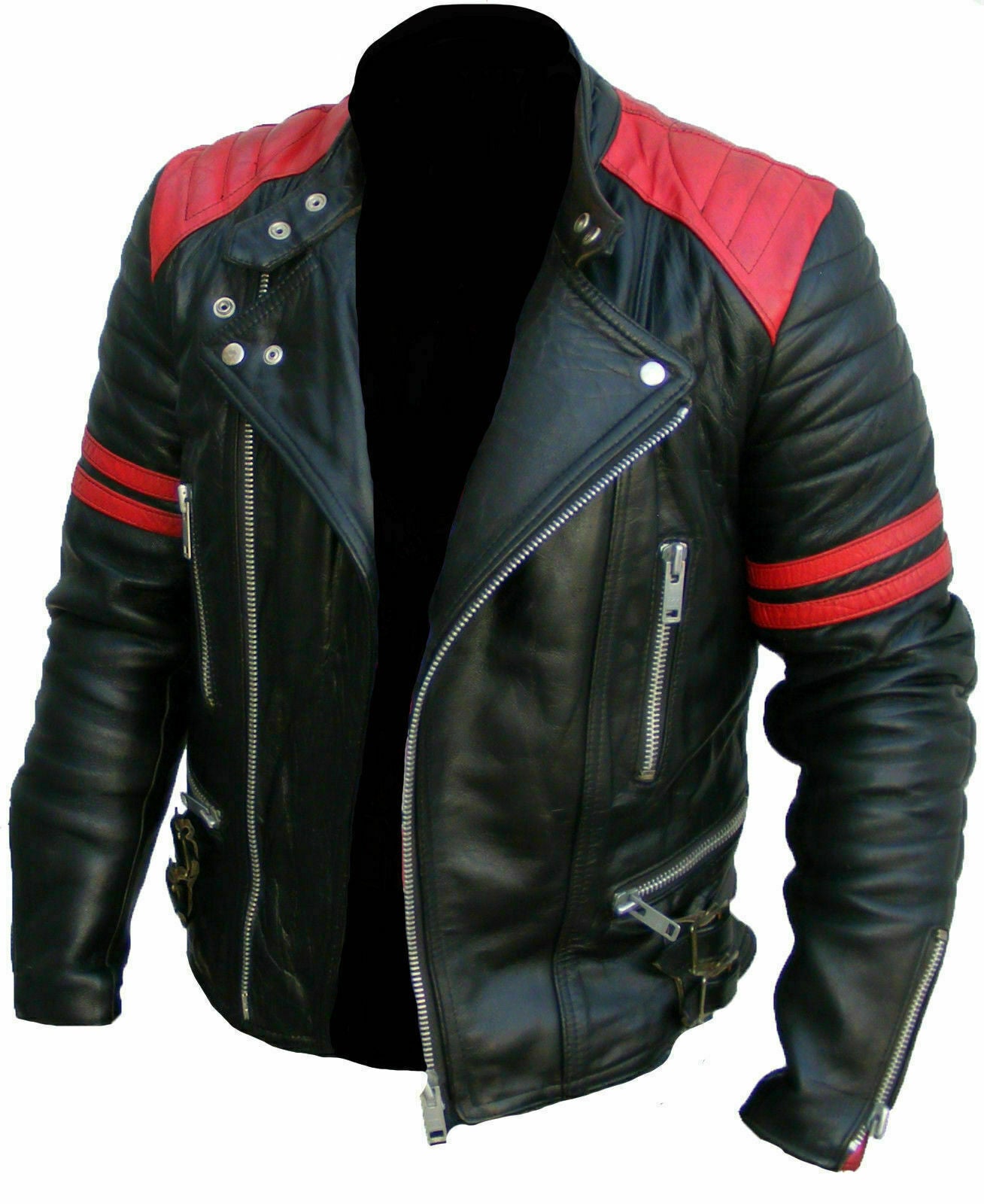 Mens Biker Moto Style Classic Brando Black/Red Real Leather Motorcycle Jacket - JAC5