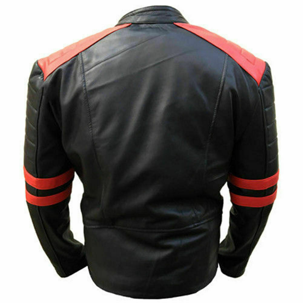 Mens Biker Moto Style Classic Brando Black/Red Real Leather Motorcycle Jacket - JAC5