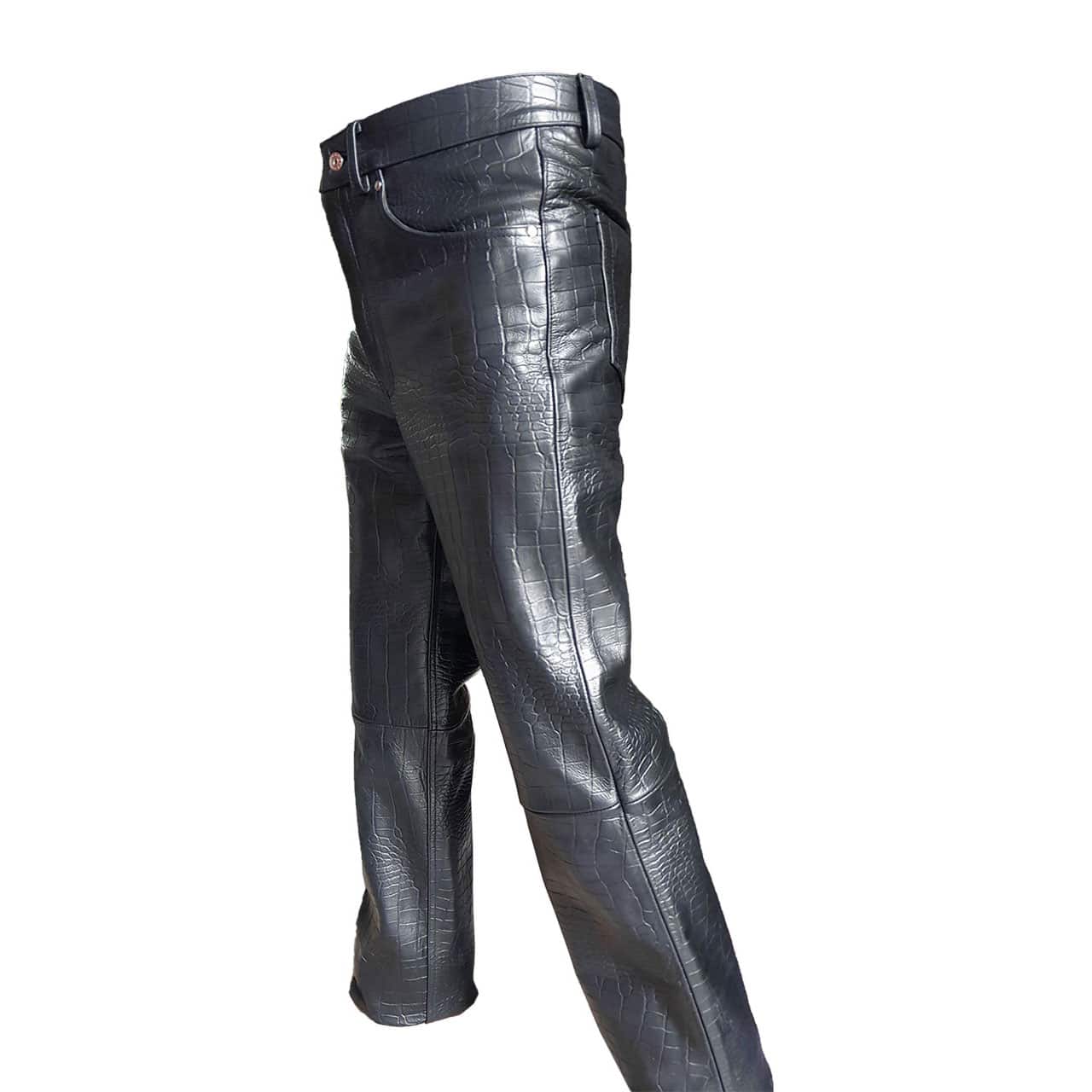 Mens Black Leather Crocodile Print 501 Style Jeans Pants Trouser Bikers Club
