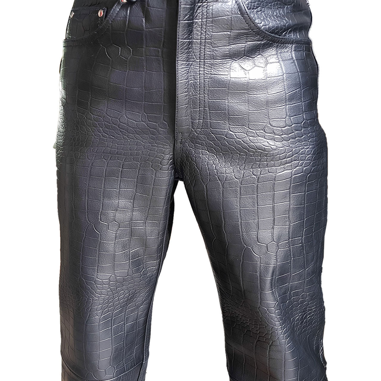 Mens Black Leather Crocodile Print 501 Style Jeans Pants Trouser Bikers Club