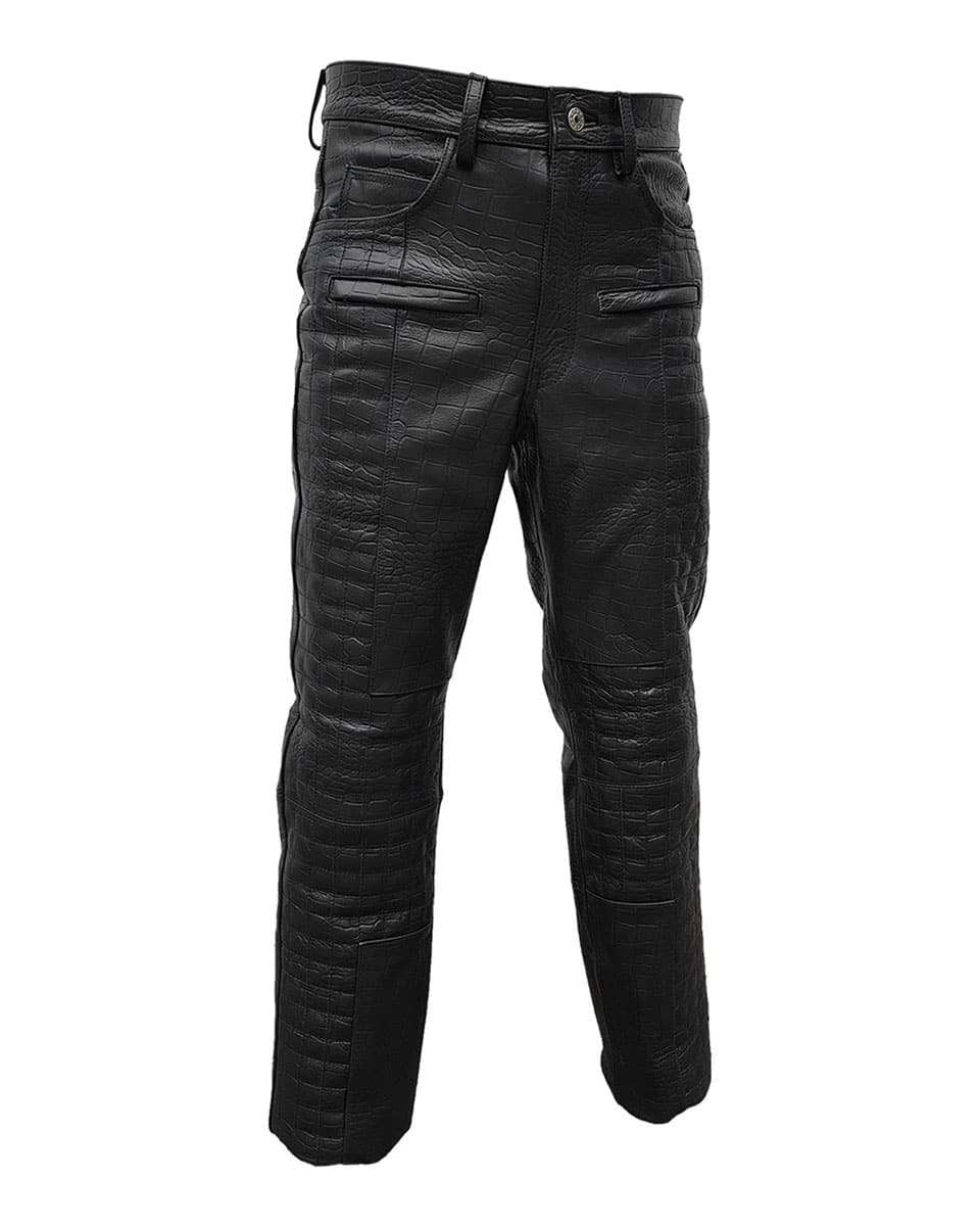 Mens Black Crocodile Print Leather Quilted Design Motorcycle Bikers Pants Jeans Trouser-502