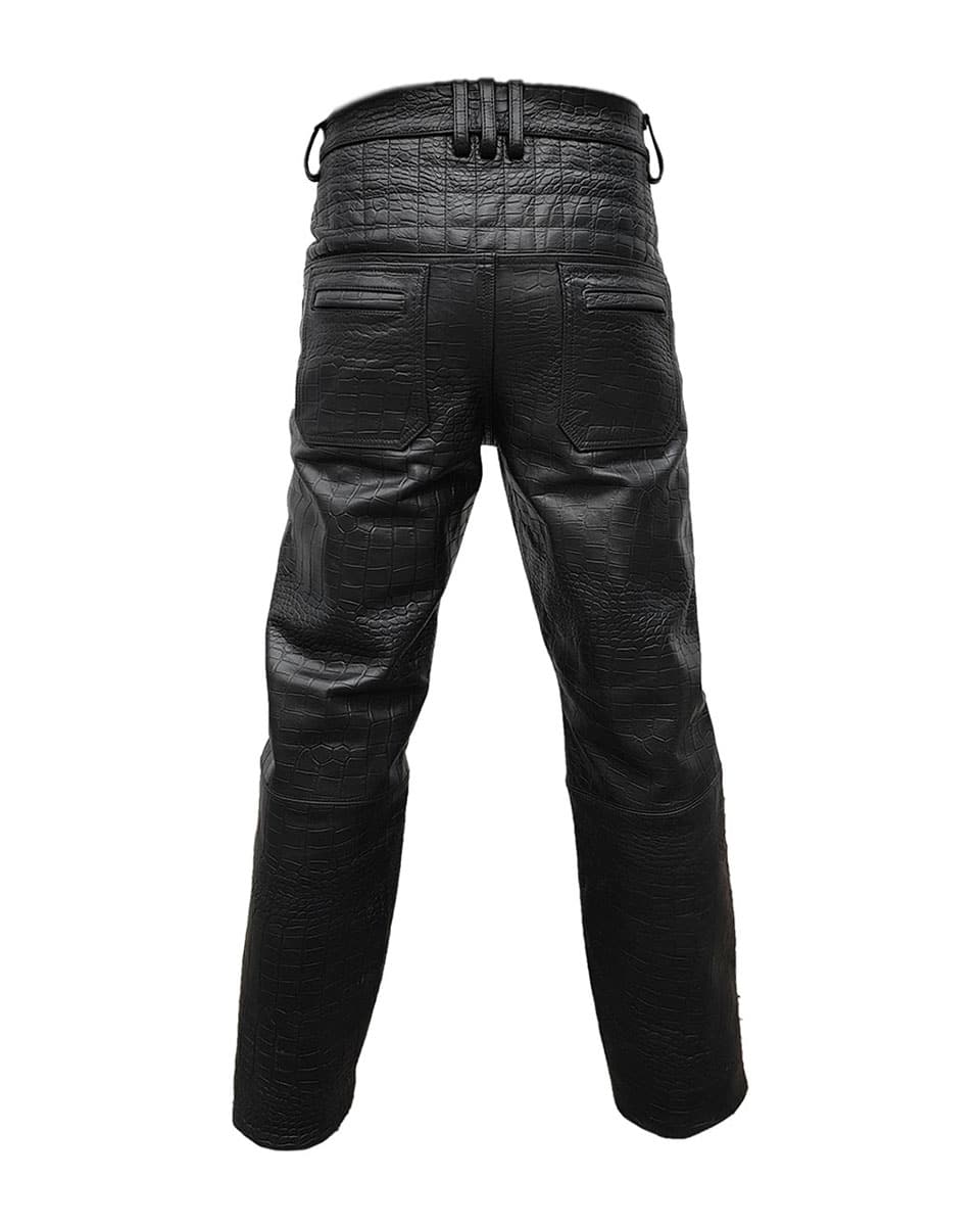 Mens Black Crocodile Print Leather Quilted Design Motorcycle Bikers Pants Jeans Trouser-502