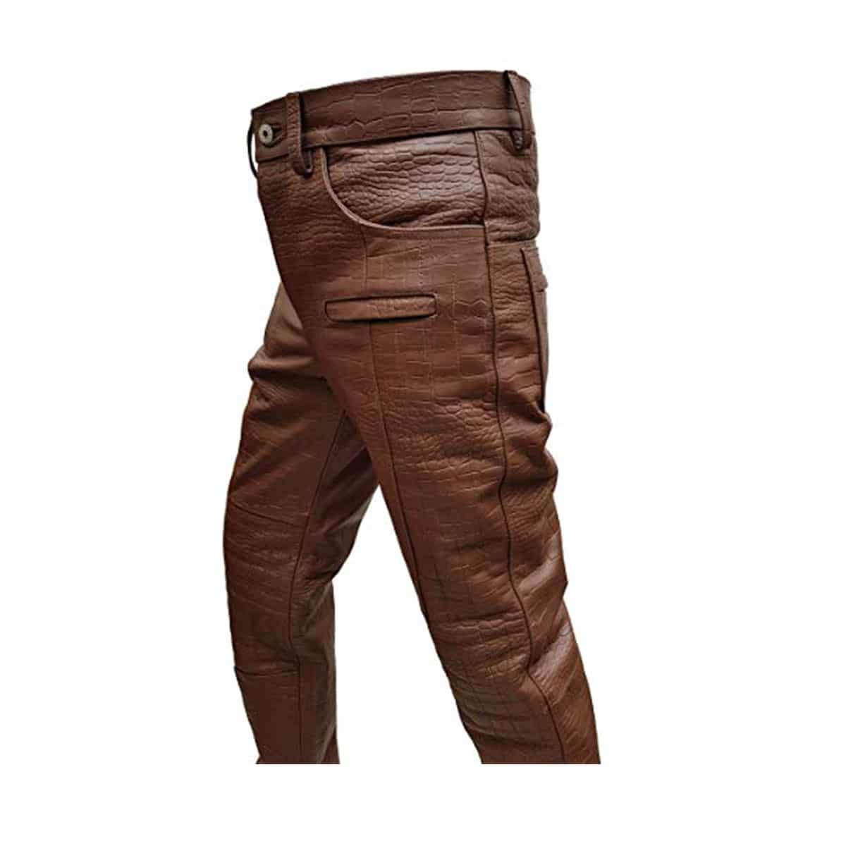 Mens Brown Crocodile Print Leather Quilted 502 Style Motorcycle Bikers Pants Jeans Trouser-502