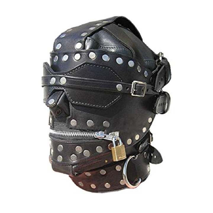 Unisex Black Leather Bondage Hood with Blindfold Locking Mouth Zip - BH1