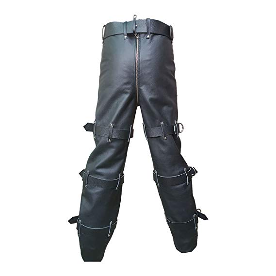 Mens Black Leather Locking Bondage Chastity Jeans Pant With Rear Zip - CJ