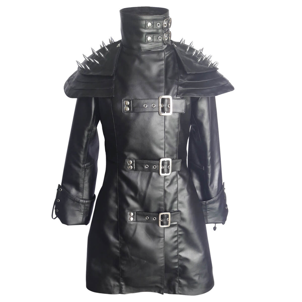 Ladies Steampunk Goth Coat Black Cow Leather Gothic Heavy Duty Jacket - T25
