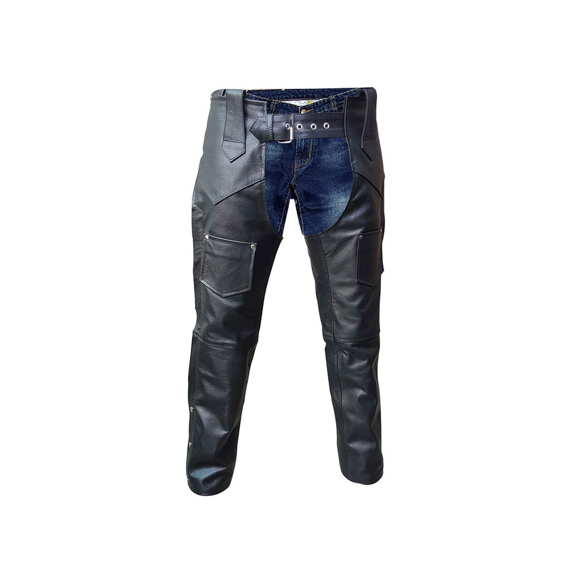 Mens Bikers Chaps Jeans Black Leather Motorcycle Trouser Pants