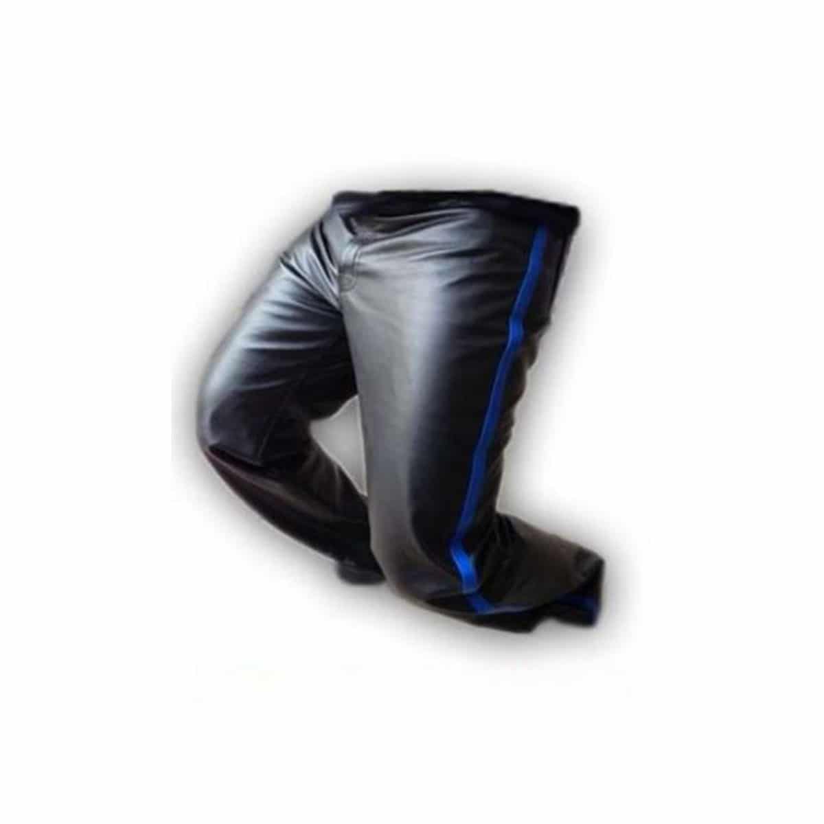 Mens Biker Jeans Black Leather One Panel Police Style pants – (J2–BLU)